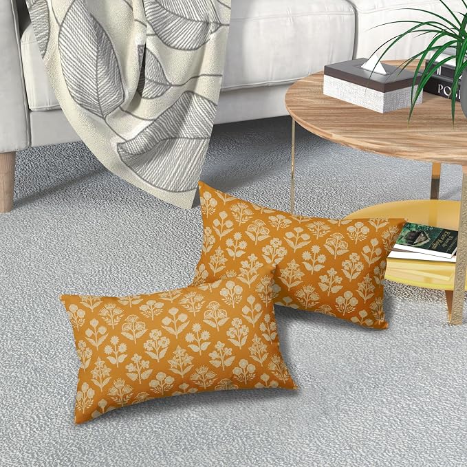 Mustard Yellow Pillow Covers 12x20 Inch Set of 2, Cream Floral Block Print Pattern Lumbar Decorative Throw Pillowcases Outdoor Farmhouse Rectangle Cushion Covers Spring Summer Sofa Couch Bed Decor