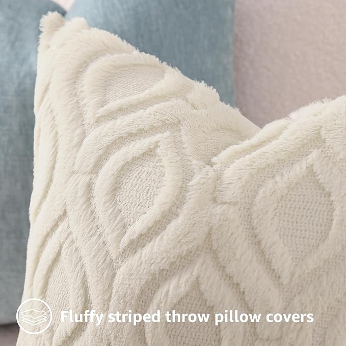 decorUhome Faux Fur Plush Soft Beige Throw Pillow Covers 12x20 Set of 2 | Wool Solid Fall Couch Pillow Covers, Accent Modern Farmhouse Neutral Decorative Square Pillow Cases for Sofa Bed Living Room