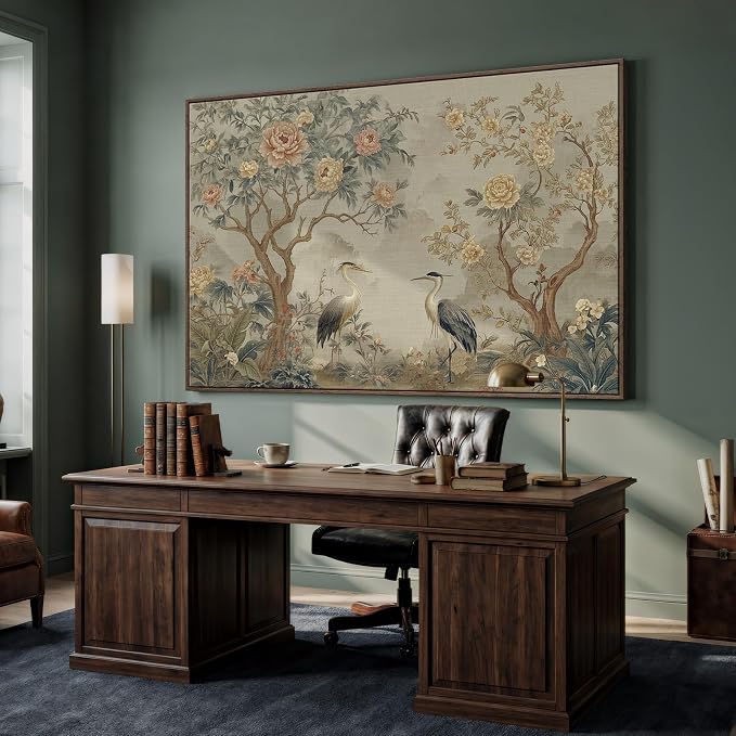 Extra Large Framed Chinoiserie Wall Art for Living Room, Oversized Vintage Floral Neutral Artwork for Walls, Horizontal Asian Flower Canvas Prints Office Dining Room Hallway Wall Decor, 72x48 Inch