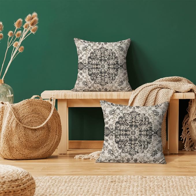 AEIOAE Boho Pillow Covers 16x16 Inch Set of 2,Carpet Pattern Throw Pillows Case,Black White Grey Ethnic Design Outdoor Decorative Square Linen Farmhouse Decor Cushion Covers for Home Sofa Bed Couch