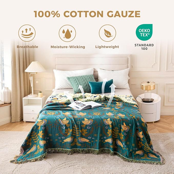 LUTBM Queen Throw Blanket for Bed, 100% Cotton Boho Soft Quilt Room Decor | Reversible Floral Bird Jacquard, 90"x90" All-Season Bedspread, For Chair Sofa Couch Bedroom, Lightweight Breathable Gauze
