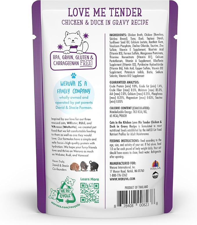 Weruva Cats in the Kitchen, Love Me Tender with Chicken & Duck in Gravy Cat Food, 3oz Pouch (Pack of 12)