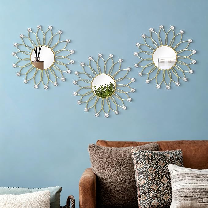 3 Pack Metal Mirrors for Wall Sunburst Wall Mirrors Home Décor Decorative Hanging Wall Art for Living Room Bedroom Entryway (Gold2 Crystal, Flowers)
