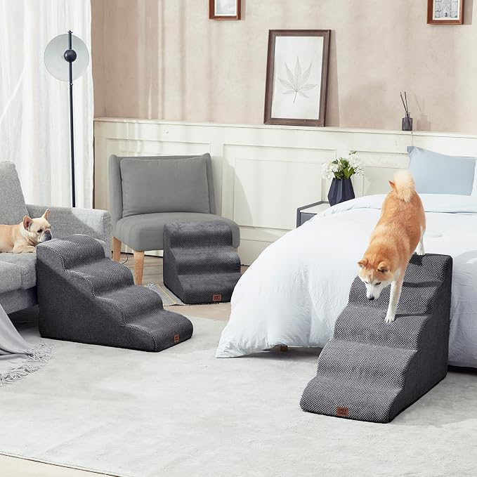 EHEYCIGA Curved Dog Stairs Ramp, 5-Step High Beds, 22.6" H Pet Step | 33D density of pure foam, for Small Dogs and Cats, Pet Stairs for High Bed Climbing, Non-Slip Balanced Pet Step Indoor, Grey