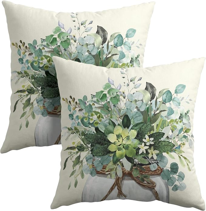 Kawani Eucalyptus Leaves Throw Pillow Covers Set of 2, 20x20 Inch Green Leaf Mason Jar Farmhouse Seasonal Pillowcases Cotton Linen Cushion Cover for Couch Sofa Bed Car Home Decor