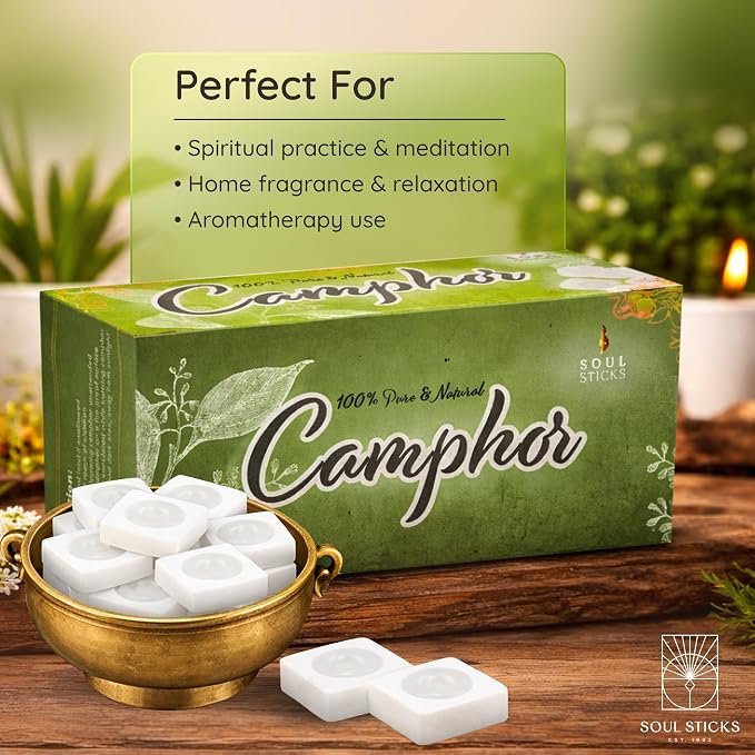 SOUL STICKS Natural Camphor Blocks,Pure Camphor Tablets for Aromatherapy & Puja - Alcanfor en Bloques, Alcanfor en Bolitas, Kapoor for Pooja (150 Grams (32 Tablets))