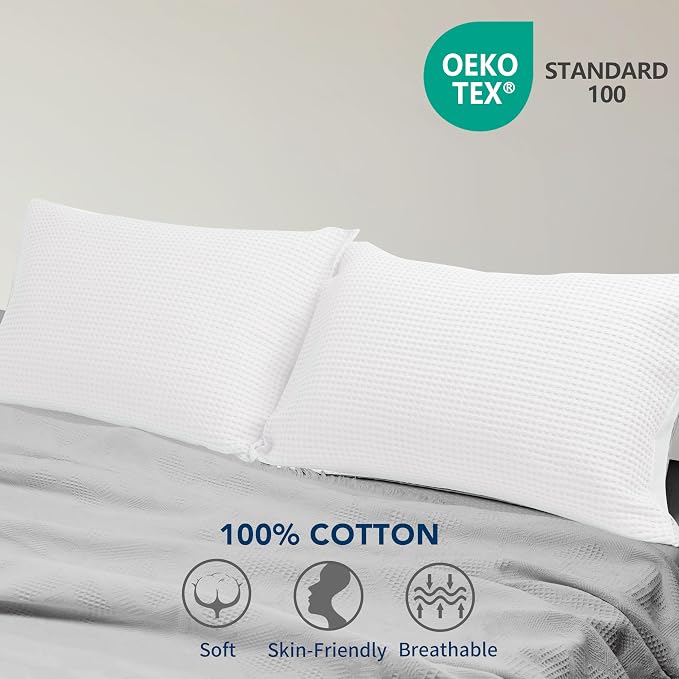 100% Egyptian Cotton Waffle Weave Pillowcases Standard Size 2 Pack | Ultra Soft Pillow Shams with Envelope Closure, Breathable Skin-Friendly Decorative Bed Pillow Case, White, 20"x26"