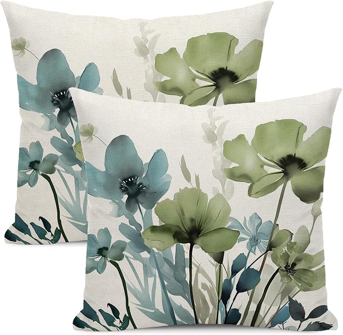 Floral Pillow Covers 16x16 Inches Set of 2 Sage Green Blue Floral Throw Pillow Covers Outdoor Rustic Spring Summer Flower Decoration Pillowcase Farmhouse Decorative Cushion Cover For Sofa Couch