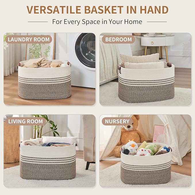 DOFASAYI Laundry Hamper with Handles, 72L Rope Laundry Basket, Brown | Cotton rope clothes hamper with leather handles holds blankets, pillows, toys and laundry in nursery, bedroom or living room