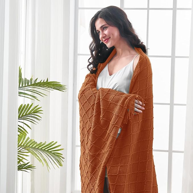 inhand Orange Rust Knitted Throw Blanket for Couch and Bed, 50"x60" | Soft Cozy Knit Blanket with Tassel, Lightweight Decorative Blankets and Throws, Farmhouse Warm Woven for Men and Women