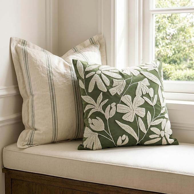 Decorative Throw Pillow Cover 20x20 Inch, Olive Green Floral Tufted Velvet Accent Pillow Case for Sofa Bed Living Room, Cover Only