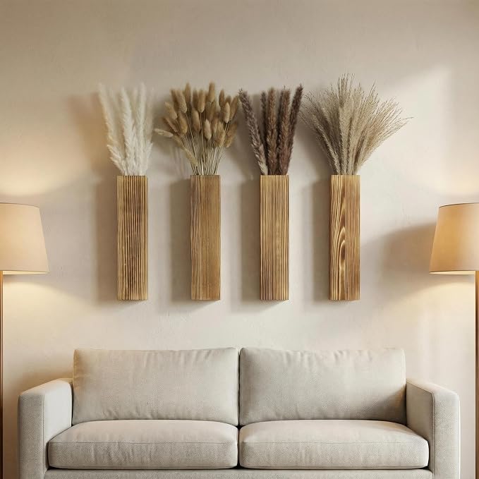 Sawoake 4-Piece Wooden Hanging Wall Vase Set with Pampas Grass and Eucalyptus Dried Flowers, Modern Farmhouse Home Decor for Living Room Entryway Bathroom Hallway Dining Room（Brown）