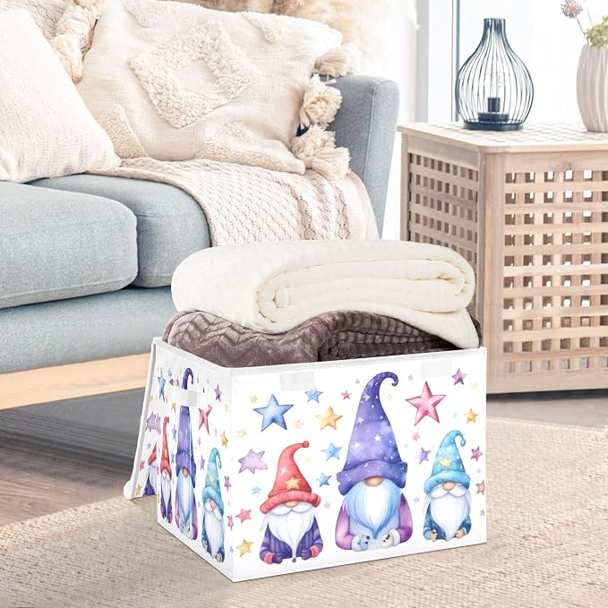 Cute Gnomes Storage Bins with Lids and Carrying Handle,Foldable Storage Boxes Organizer Containers Baskets Cube with Cover for Home Bedroom Closet Office