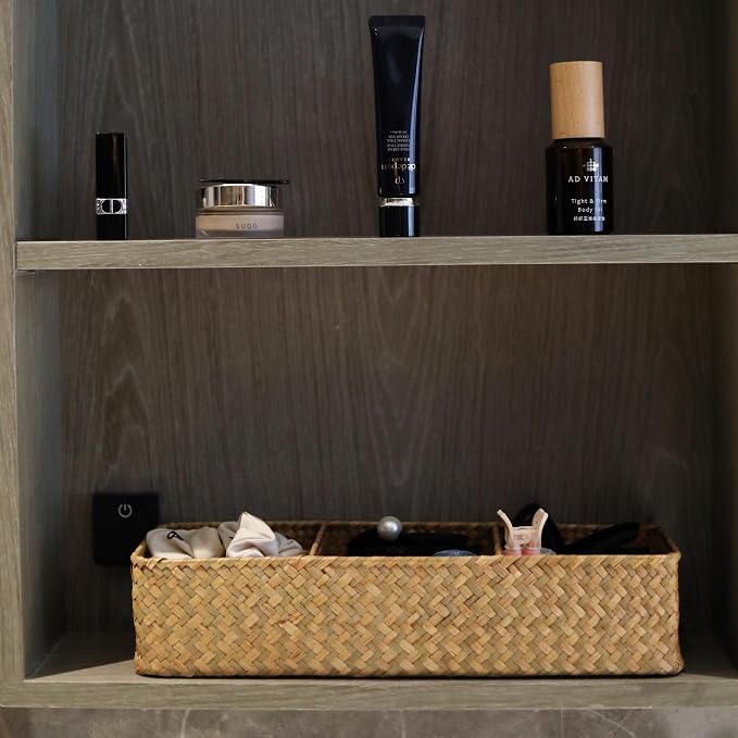 Seagrass Storage Basket 3 Sections Woven Shelf Baskets with Compartment (Natural, 14.6inch x 4.7inch x 3.1inch)