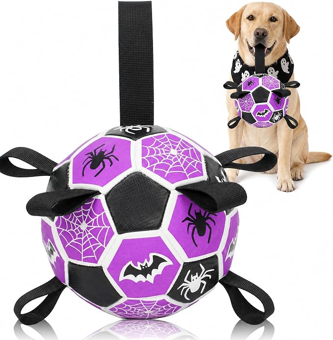 Dog Toys Balls, Dog Soccer Ball with Straps, Dog Birthday Gifts, Durable Balls for Small Medium Pet, Puppy Outdoor Toy, Pet Training Soccer Ball, World Cup Soccer (7.25 Inch) (Spider, Large)