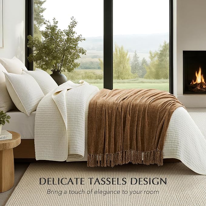 Chenille Knit Throw Blanket for Couch, 50"x60", Warm Beige | Cozy Plush Fuzzy Knittd Throw with Tassels, Lightweight, Decorative, Farmhouse Decor, Ideal for Bed Sofa Gift, All Seasons