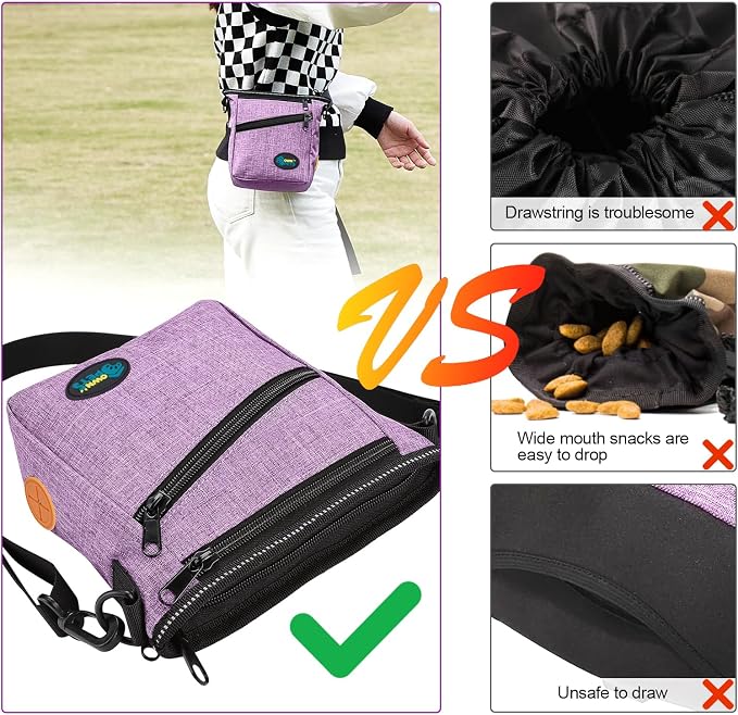Ownpets Dog Training Pouch with Silicone Liner, Pet Treat Training Pouch with Collapsible Bowl, Shoulder Strap & Waist Strap, 4 Ways to Wear, Walking Fanny Pack for Dog Training - Purple