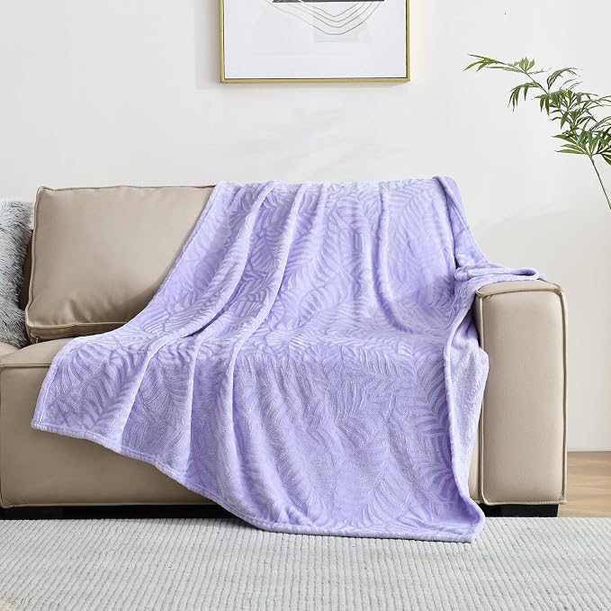 Super Soft Flannel Fleece Throw Blanket, 50 x 60 Inches, Lilac | Lightweight Cozy Warm Leaves Textured Plush Blanket for Bed Couch Sofa