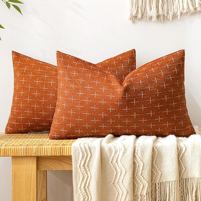 MIULEE Pack of 2 Decorative Burlap Linen Throw Pillow Covers Modern Farmhouse Pillowcase Rustic Woven Textured Cushion Cover for Sofa Couch Bed 12x20 Inch Rust