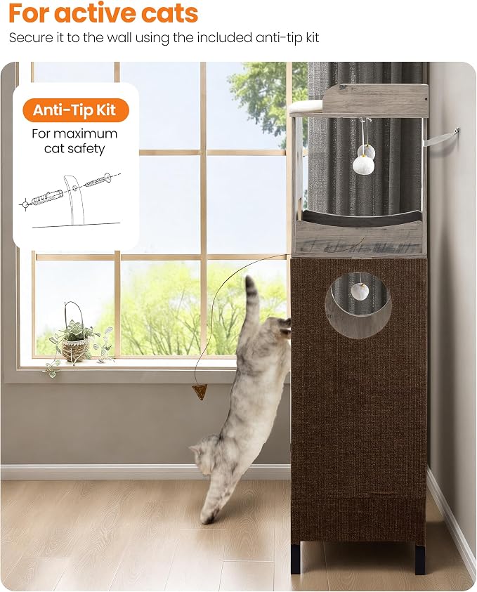 56in Modern Wood Cat Tree Tower for Indoor Cats with Hammock | Multi-Level Climbing Design, 2 Spacious Hammocks, Top Perch, Cat Condo, Scratching Boards, Ideal for Multi-Cat Homes,Greige