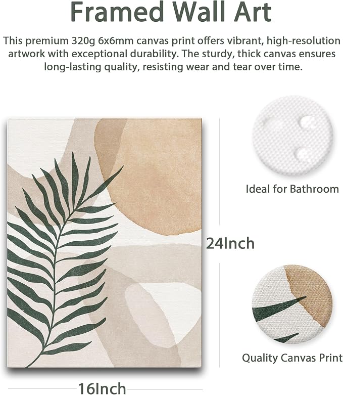 HesenDot Abstract Botanical Wall Art Set of 3, 40x60CM Neutral Plant Framed Canvas Prints, Beige Green Boho Aesthetic Wall Decor for Living Room Bedroom Bathroom Office Home