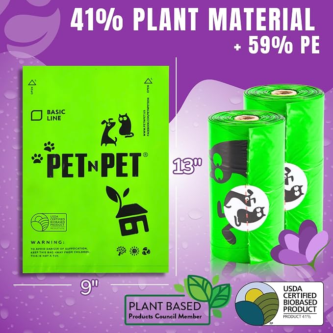 Pet N Pet Doggie Poop Bags, 1080 Count, Lavender Scented Waste Roll Refills | Green, Dogs, 41% Plant Based, 59% PE, Extra Thick, 9 x 13, Leak-Proof, Tear-Resistant, Easy-Tear Design, dog waste bags