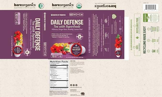 BareOrganics Daily Defence Tea - Organic Tea Pods for Keurig with Superfoods and Probiotics, Green Tea K Cups, 10ct single serve Cups