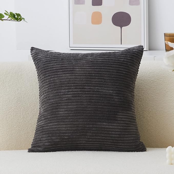 Home Brilliant Pillow Cover 24x24 Decorative Pillow Cover 24 x 24 Striped Corduroy Soft Velvet Euro Sham Cushion Cover for Couch, 60x60 cm, Dark Grey