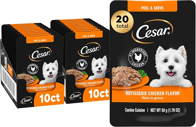 Cesar Mini-Pouch Wet Dog Food, Rotisserie Chicken, 1.76 oz, 20 Count | Real chicken #1 ingredient, protein-packed, no fillers or artificial flavors, easy peel-and-serve, slow-cooked tender texture