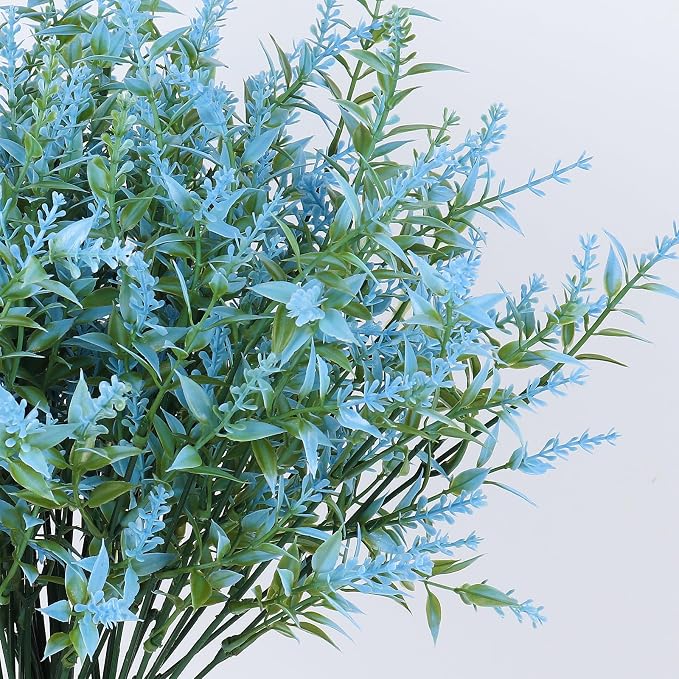 RECUTMS Spring Decoration,Artificial Blue Greenery,Outdoor Fake Flower 36Pc | Fake Shubs stems Outdoor Plants Faux Greenery for Indoor Outside Hanging Plants Garden Porch Window Box Home Farmhouse Décor