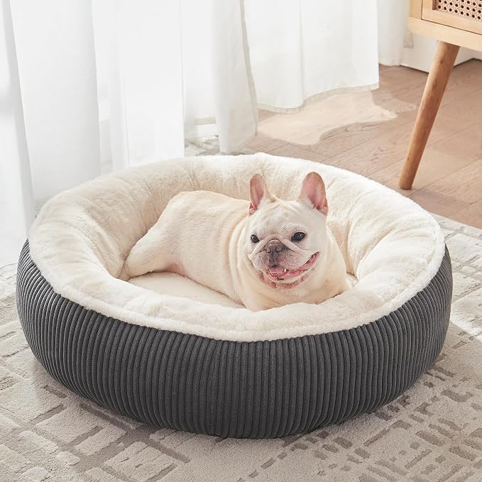 30 inches Calming Donut Dog Bed for Medium Dogs,Dark Grey | Round Pet Bed with Removable&Washable Cover,Plush Faux Fur & Corduroy, Fits Pets up to 30 lbs