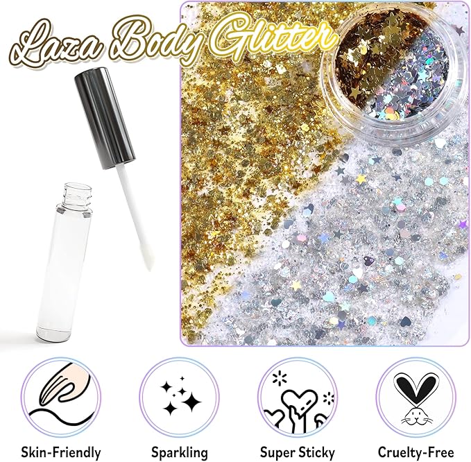 Laza Body Glitter, 2 Jars Holographic Chunky Sequins with Glitter Glue Perfect for Women Eyeshadow Makeup Face Paint Festival Rave outfits Hair Accessories Carnival Party Costumes - Bright Gold Silver