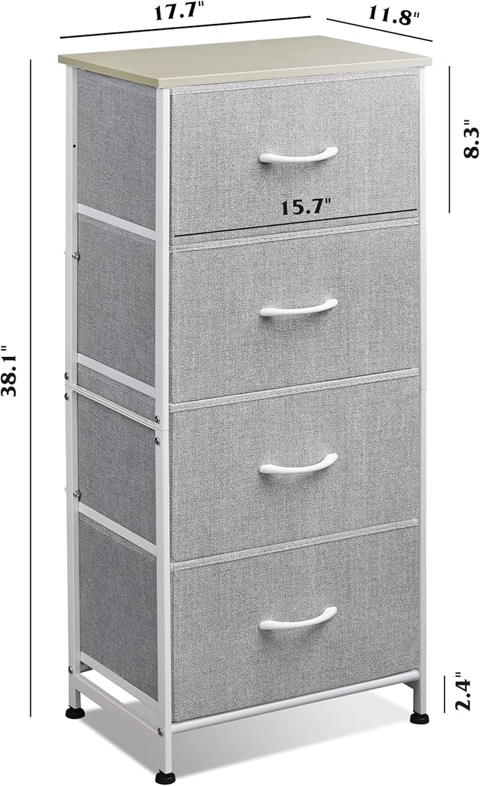 WLIVE Small Dresser Nightstand for Bedroom, 4 Drawers, Light Grey | 4 vertical fabric drawers, Space-saving tower, Bedroom or closet use, Chest of drawers, Dresser for small spaces