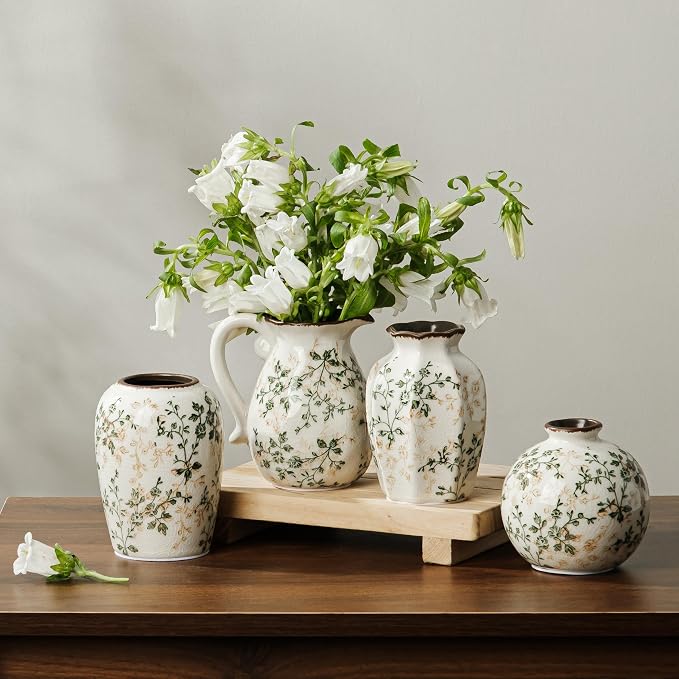 Ceramic Flower Small Vase for Home Decor, Vintage Green Mini Vase Set of 4 | Rustic Farmhouse Floral Vase for Kitchen, Living Room, Mantel, Coffee Table, Bookshelf, Entryway, Wedding Centerpiece