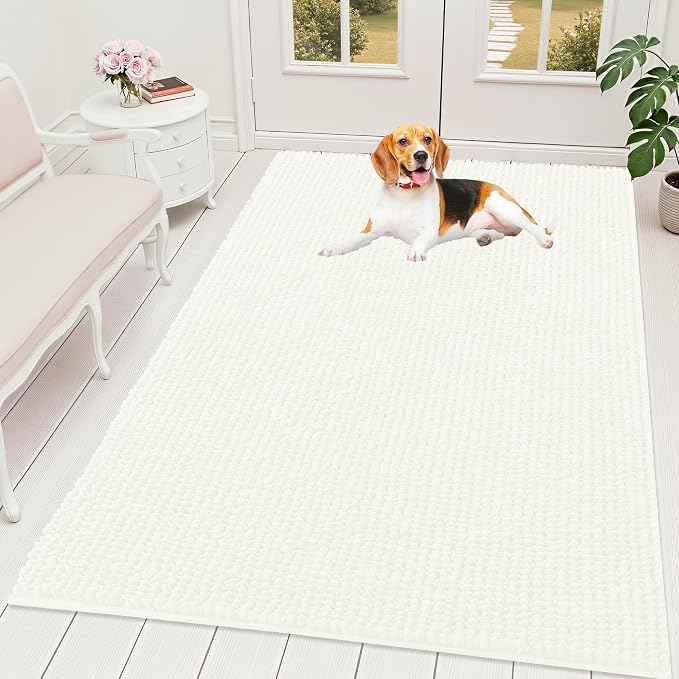 OLANLY Dog Door Mat for Muddy Paws 70x46, Extra Absorbent Chenille Mud Mat | Ivory, Absorbs Moisture and Dirt, Non-Slip Machine Washable Doormat, Quick-Drying Indoor Entryway Floor Mat for Dogs
