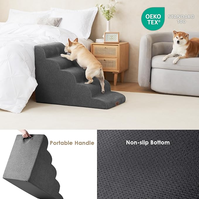 EHEYCIGA Curved Dog Stairs Ramp, 5-Step Extra Wide High Beds, Pet Step | 33D density of pure foam, for Small Dogs and Cats, Pet Stairs for High Bed Climbing, Non-Slip Balanced Pet Step Indoor, Grey