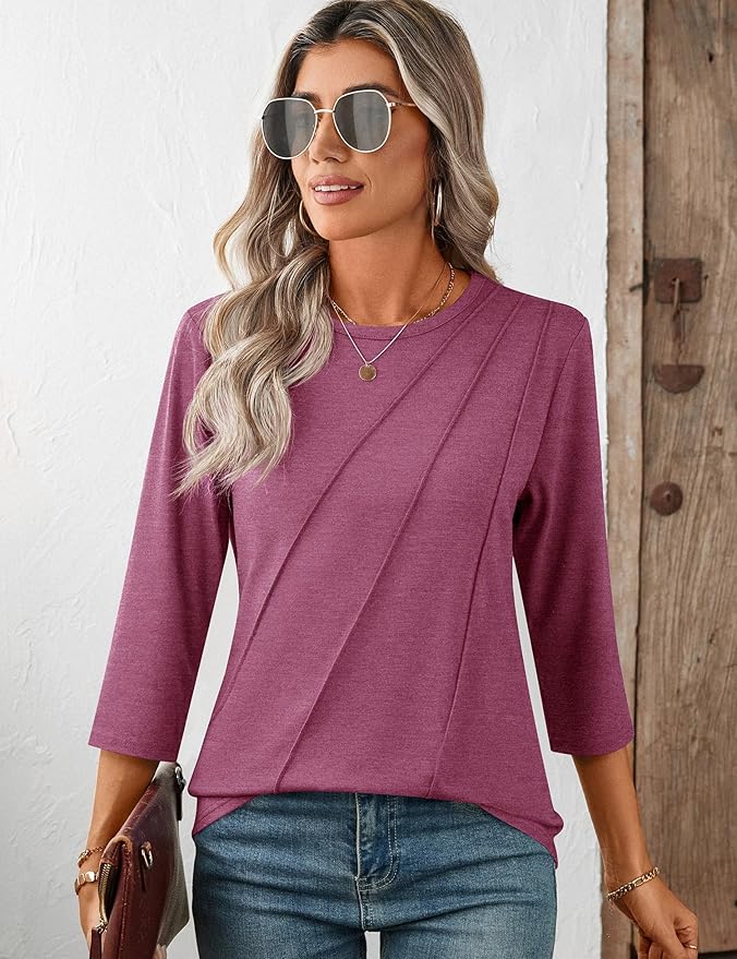 LOMON 3/4 Length Sleeve Womens Tops Spring Summer Fashion 2026 Tops Crew Neck Pleated Shirts Tunic Top Loose Fit