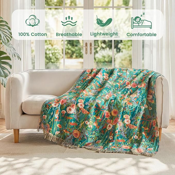 MSGKV Boho Throw Blanket 60"x80" 100% Cotton Floral Blanket for Couch Sofa | 100% Cotton Throw, Floral Pattern, Muslin Blanket, Summer Breathable, Farmhouse Home Decor, All Seasons, Machine Washable