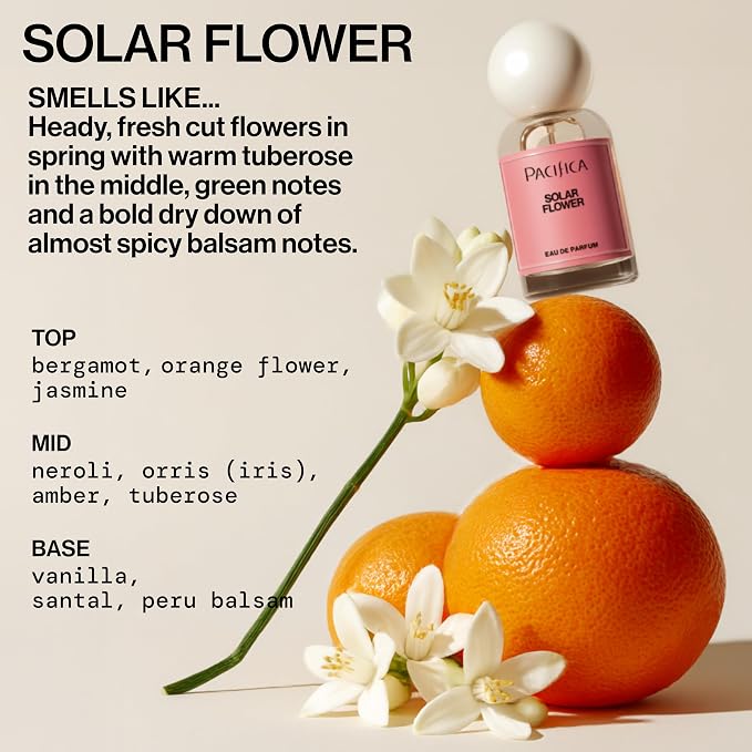 Pacifica Solar Flower Eau de Parfum for Women, Floral Perfume Spray with Jasmine Bergamot Vanilla, Long Lasting Clean Vegan Fragrance, Paraben Free, 1 Fl Oz