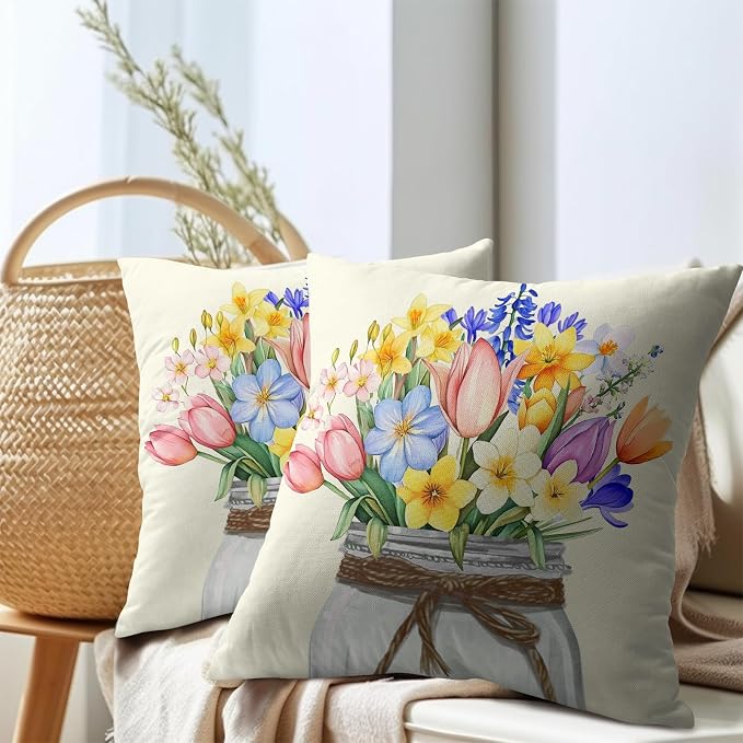 Kawani Spring Floral Throw Pillow Covers 20x20 Inch, 2 Pcs Watercolor Tulip Lavender Flower Mason Jar Double Side Square Pillowcases Cotton Linen Cushion Cover for Couch Sofa Home Decor