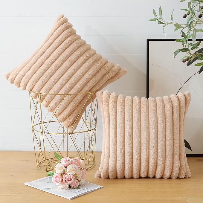 Soleebee Set of 2 Throw Pillow Covers Soft Cozy Velvet Pillowcase Faux Rabbit Fur Cover for Couch Sofa Bed Chair Home Decorative Pillows Cover (16x16 Inch, Camel)