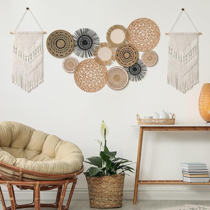 Tatuo 11 Pcs Boho Wall Basket Decor Bulrush Woven Wall Hanging Art Round Farmhouse Rustic Handmade Wicker for Summer Home, Bedroom, Living Room, Kitchen Decorations, Multi Sizes(Flower)