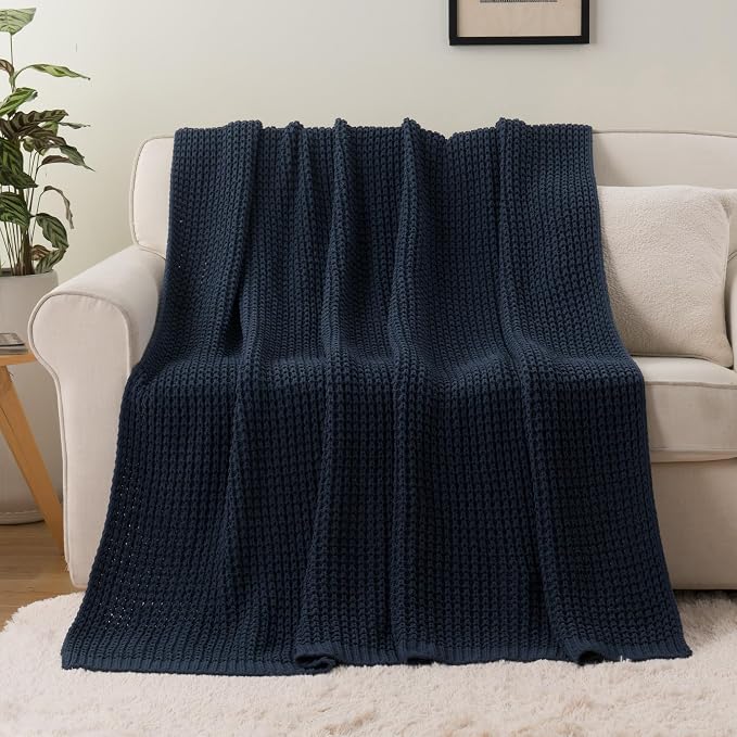 Navy Blue Throw Blanket for Couch, Chenille Knitted Blue Blanket 50''x60'' | Soft Cozy Chunky Knitted Blanket, Warm Thick Throw Blanket for Home Decor, Sofa, Men, Modern Farmhouse Style
