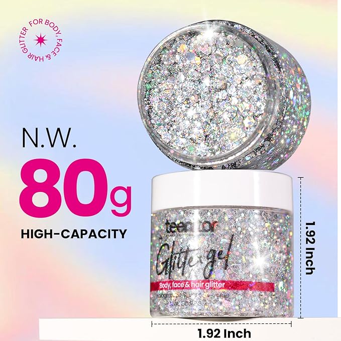 Teenitor Body Glitter, Body Glitter Gel, Hair Glitter, Face Glitter, Holographic Chunky Makeup Silver Glitter Gel for Face, Makeup, Hair, Eye
