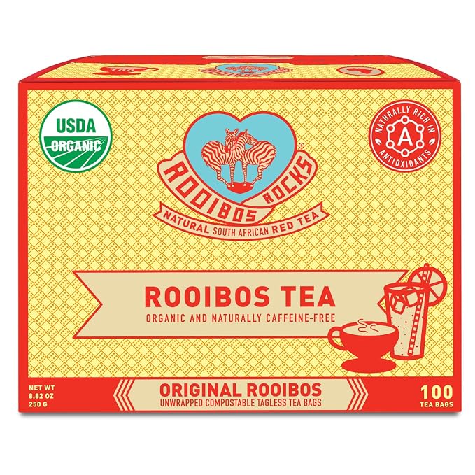 Rooibos Rocks Herbal Tea Bags - Naturally Sweet Red Rooibos Tea Organic for Children & Pregnant Women - Low Tannin, Gluten-Free and Caffeine Free Bags - Sustainably and Ethically Farmed - 100 Count