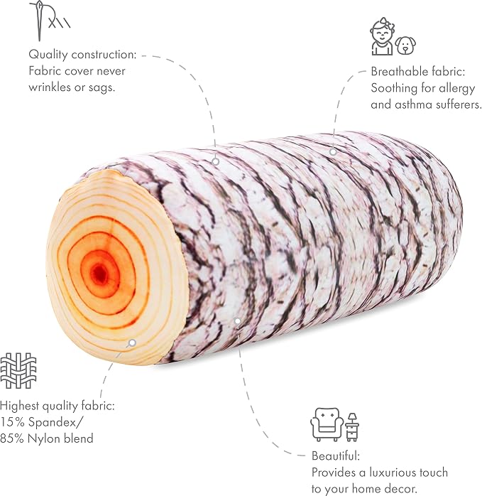 PILLOWY Microbead Log Roll Pillow - Bolster Tube Pillow Cushion Perfect Therapy Pillow - Airy Squishy Soft Bead Bag Bed Room Decoration, Neck Pillow Back Head Body Support, 14" X 8", Timber