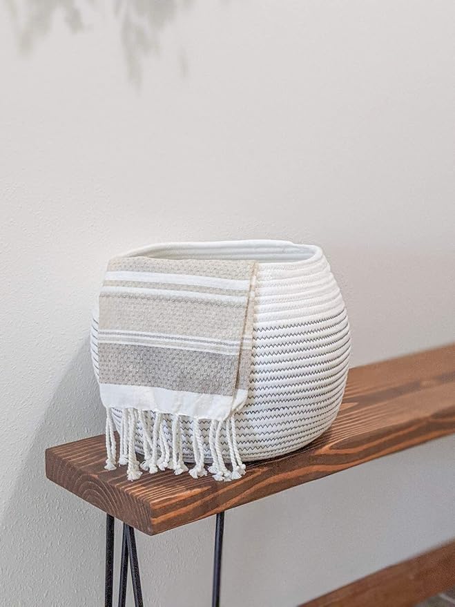 Goodpick Round Woven Storage Basket for Shelves, 12.5" x 8.3", White | Cotton Rope Small Basket with Handles, Stores Towels Dog Cat Toys, Plants, Great for Living Room & Bedroom Décor