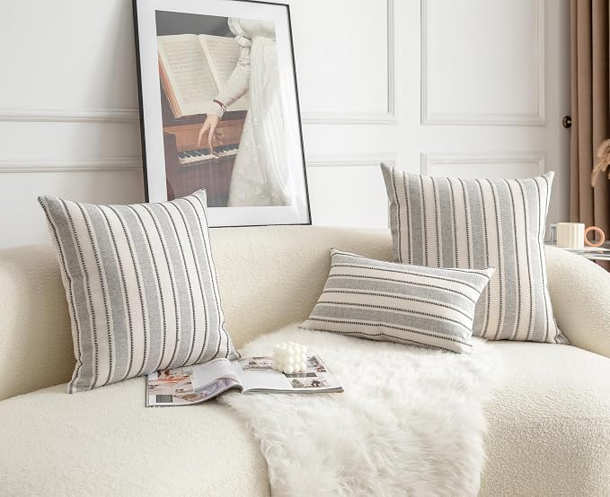 Cethom Decorative Boho Lumbar Throw Pillow Covers, Farmhouse Textured Pillow Case, 12 x 20 Inch Set of 2, Chair Sofa Bedroom Living Room Home Decor Couch Cushion Case, Grey and Beige