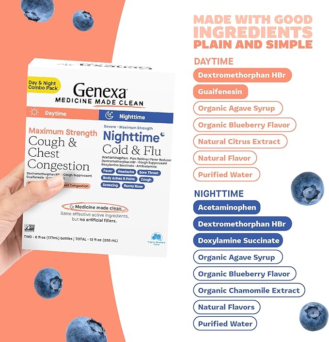 Genexa Daytime Cough & Congestion + Nighttime Severe Cold & Flu Combo Pack, Dye Free, 0% Artificial Additives, Liquid Multi-Symptom Cough, Cold, & Flu, Organic Blueberry Flavor, 12 fl oz (2 Pack)