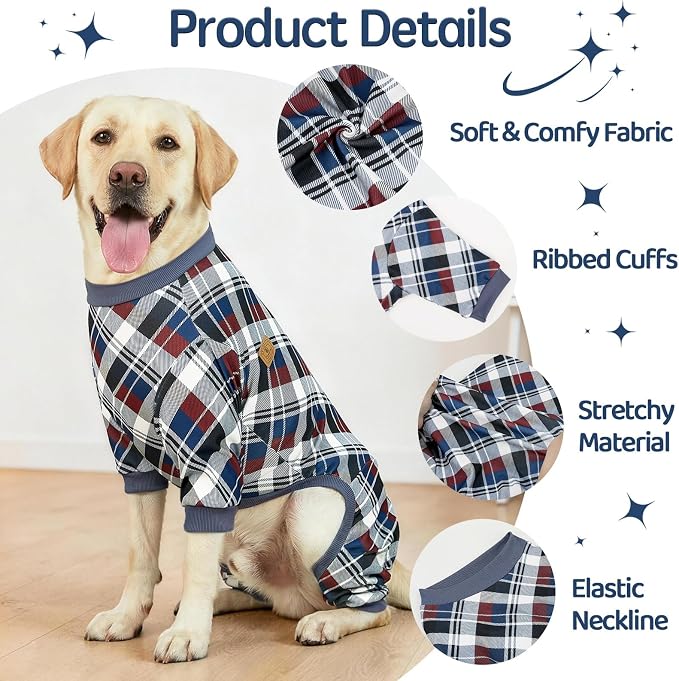 XPUDAC 4 Pack Dog Pajamas for Large Dogs Cats Plaid Doggie Clothes Puppy Onesies Christmas Pajamas Jumpsuits Pet Pjs Shirt Apparel 4X-Large, Red Green Beige Grey